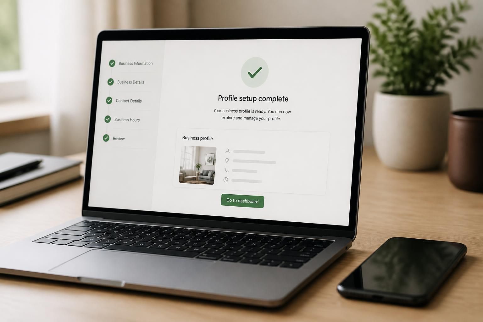 Laptop and smartphone showing a business profile setup screen.