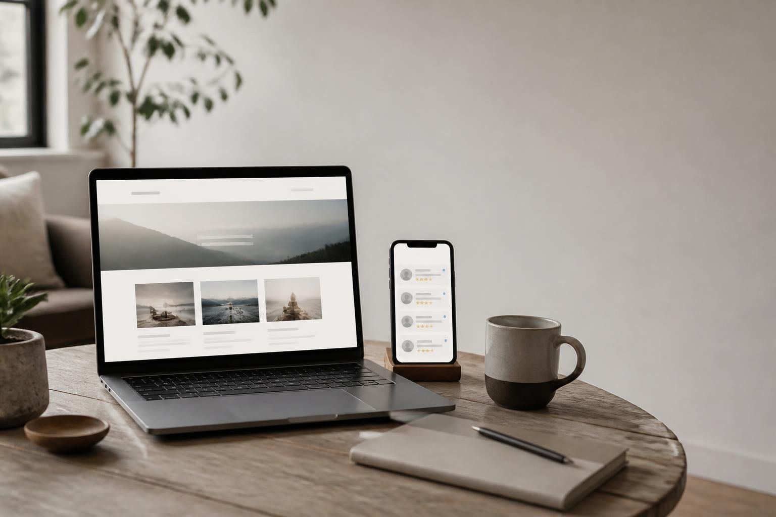 Modern workstation with laptop, phone, and open space for text overlay.