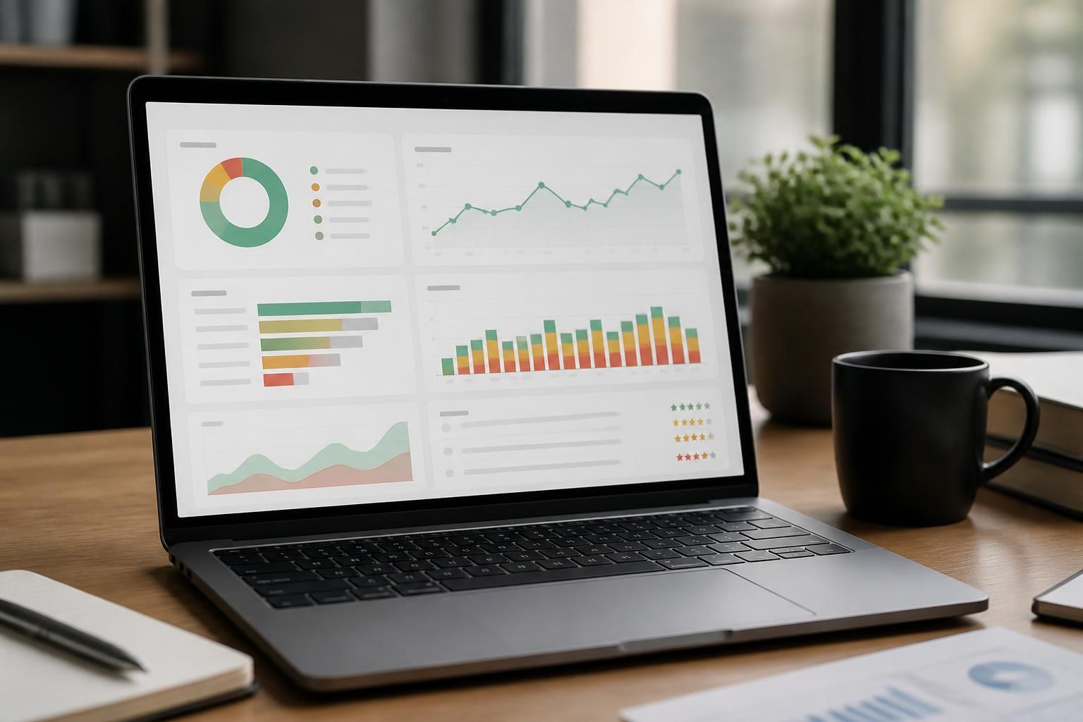 Laptop displaying customer feedback charts and review summaries.