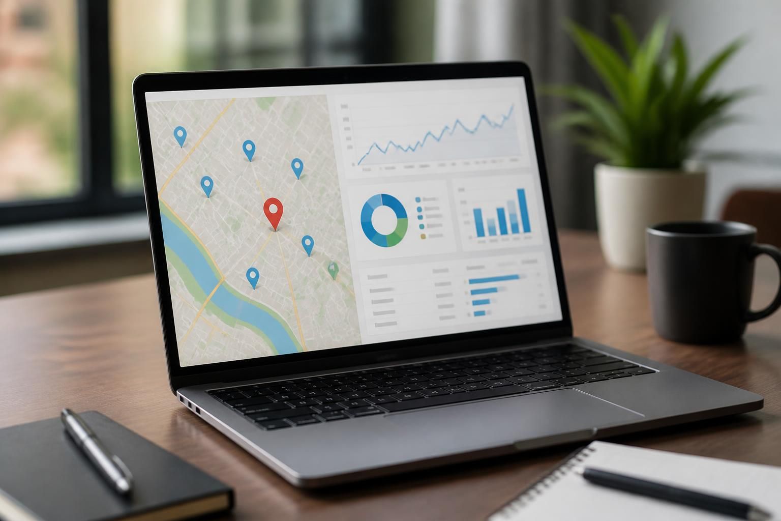 Laptop displaying a local map and business dashboard on a clean surface.