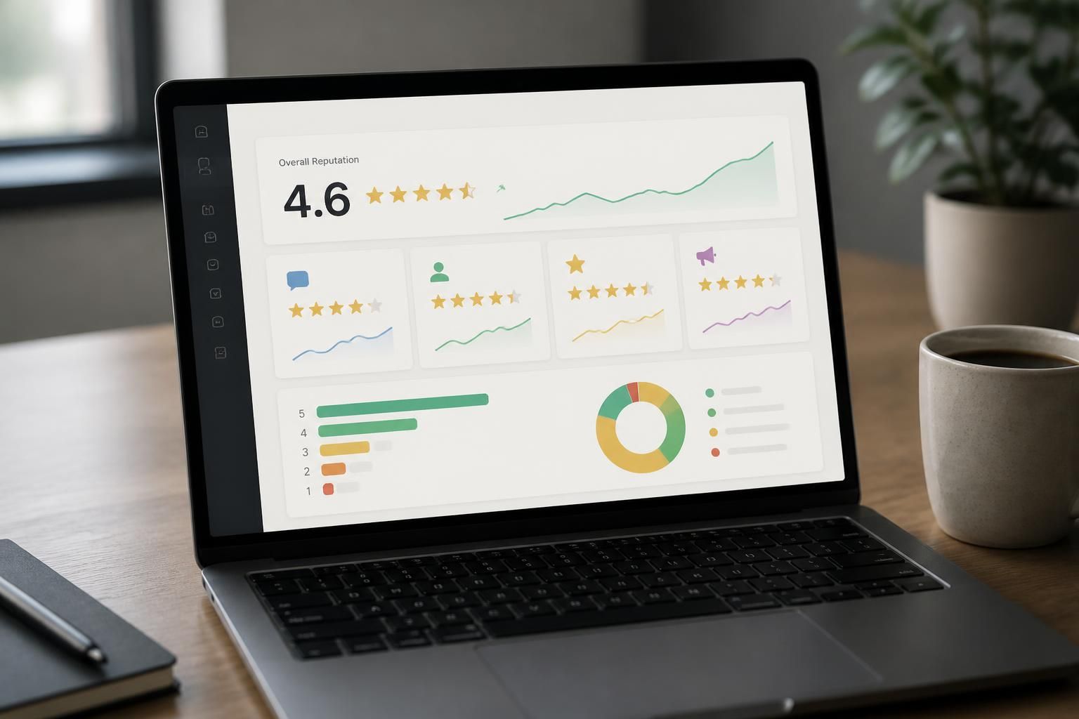 Laptop displaying a reputation dashboard with rating summaries.