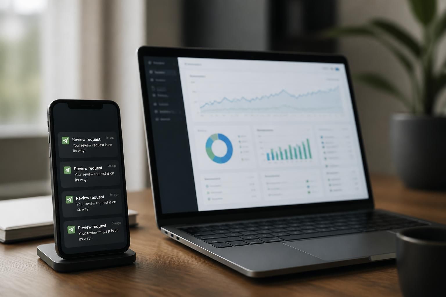 Laptop and smartphone showing a review generation campaign dashboard.