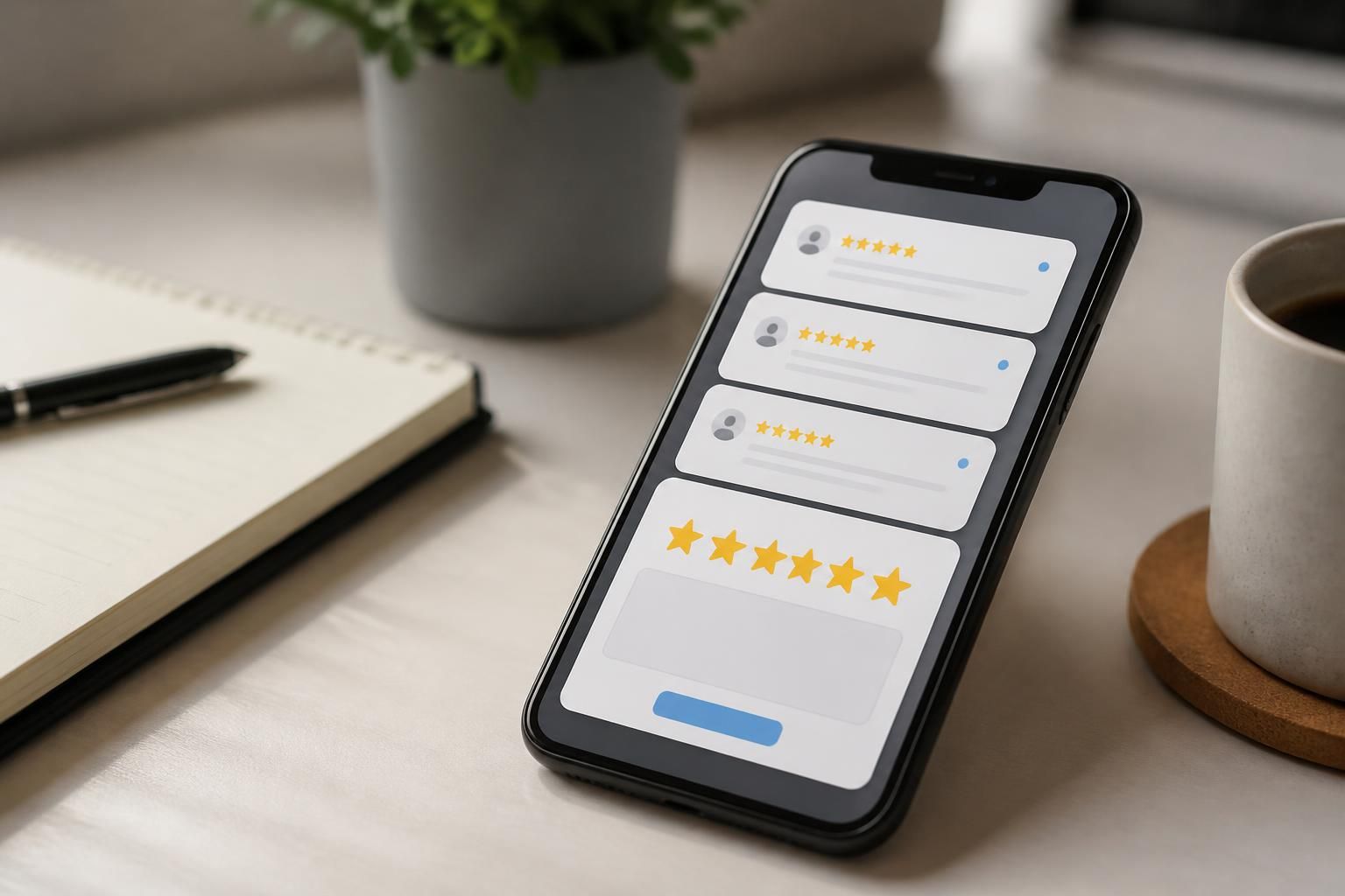 Smartphone with review notifications and star ratings on a clean desk.
