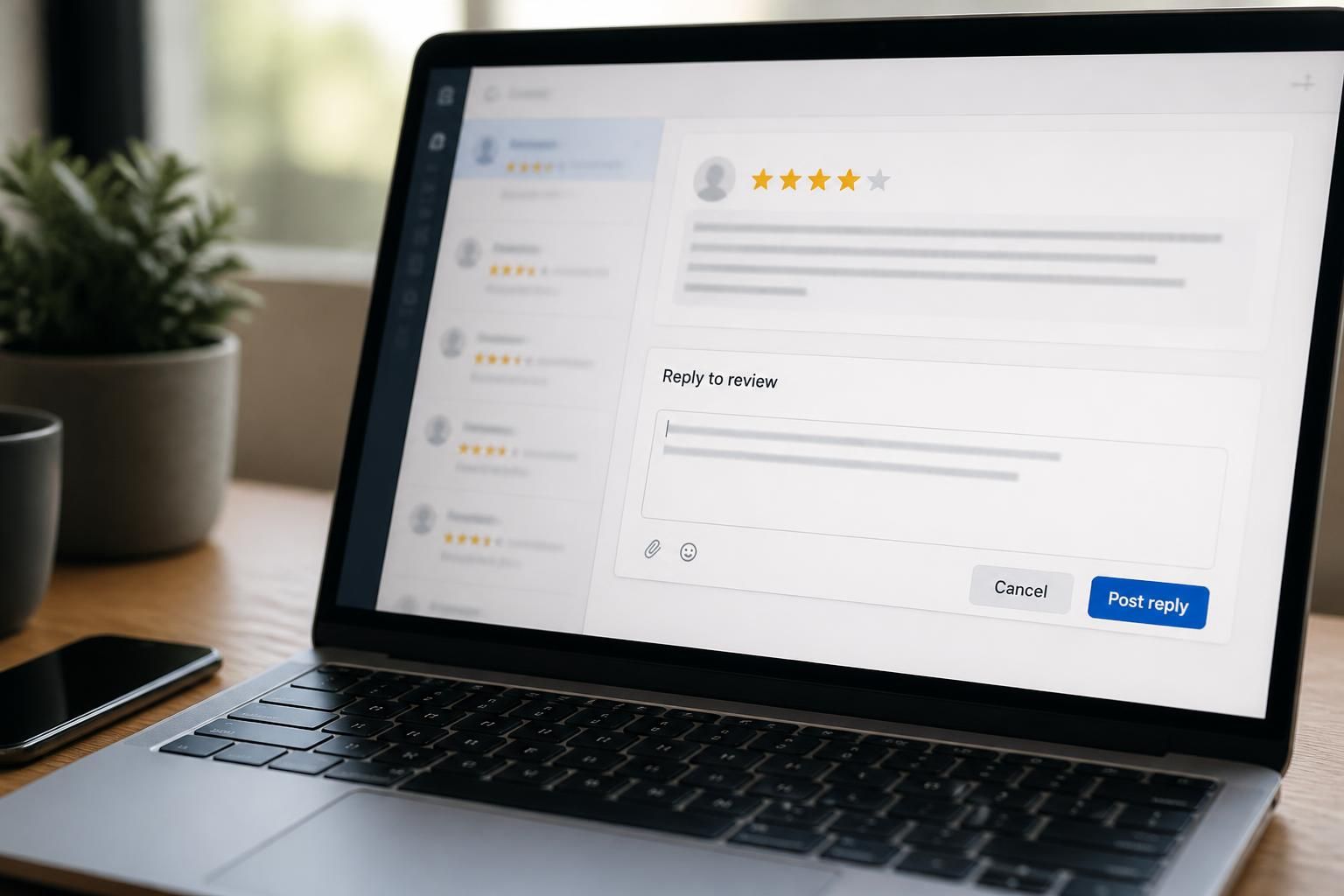 Laptop with a customer review response interface beside a smartphone.