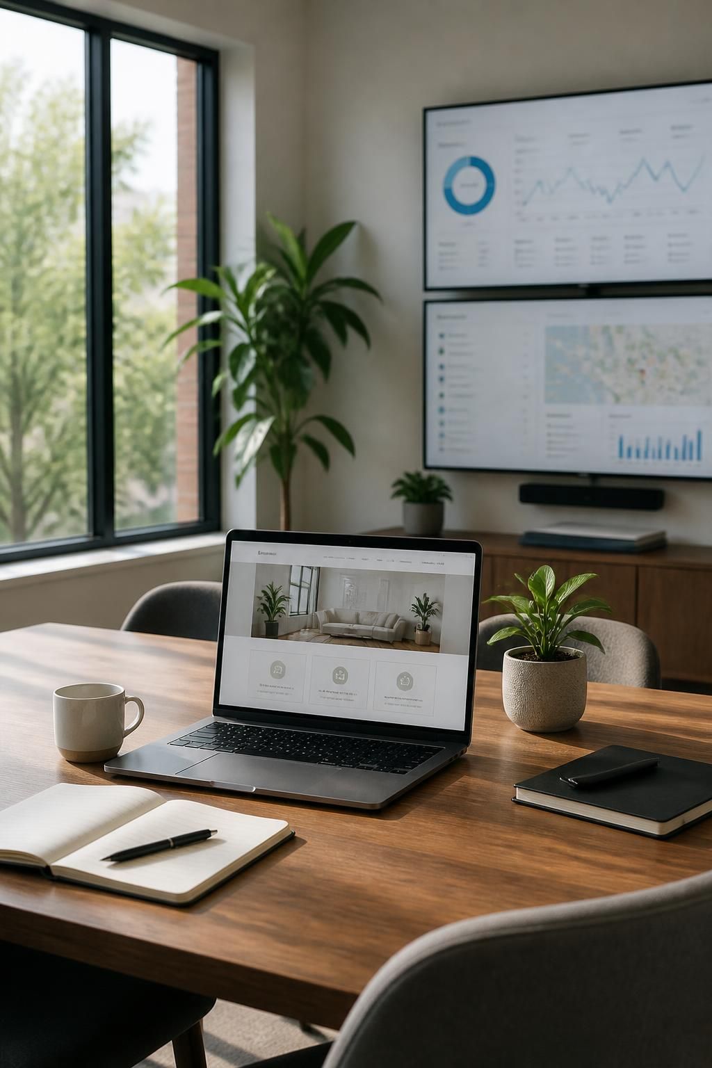 Modern office space with a laptop and digital marketing dashboard screens.