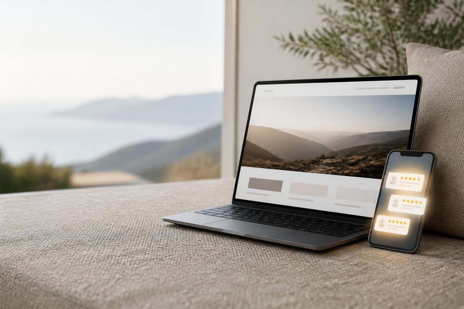 Laptop and smartphone showing website and review notifications in a modern workspace.